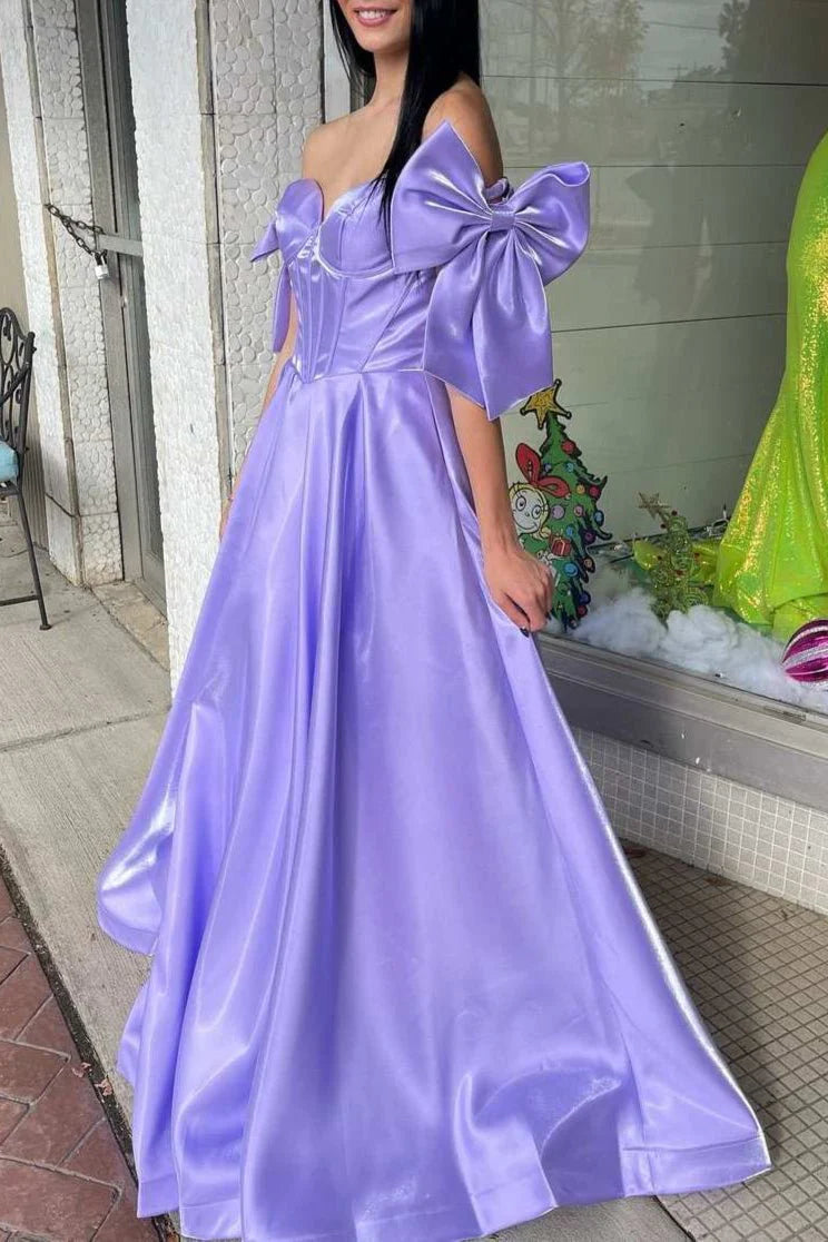 Artistic A-Line Off-Shoulder Bow Pleated Long Prom Dress