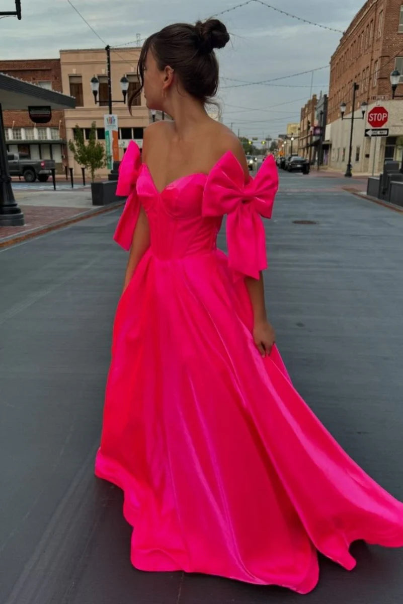 Artistic A-Line Off-Shoulder Bow Pleated Long Prom Dress