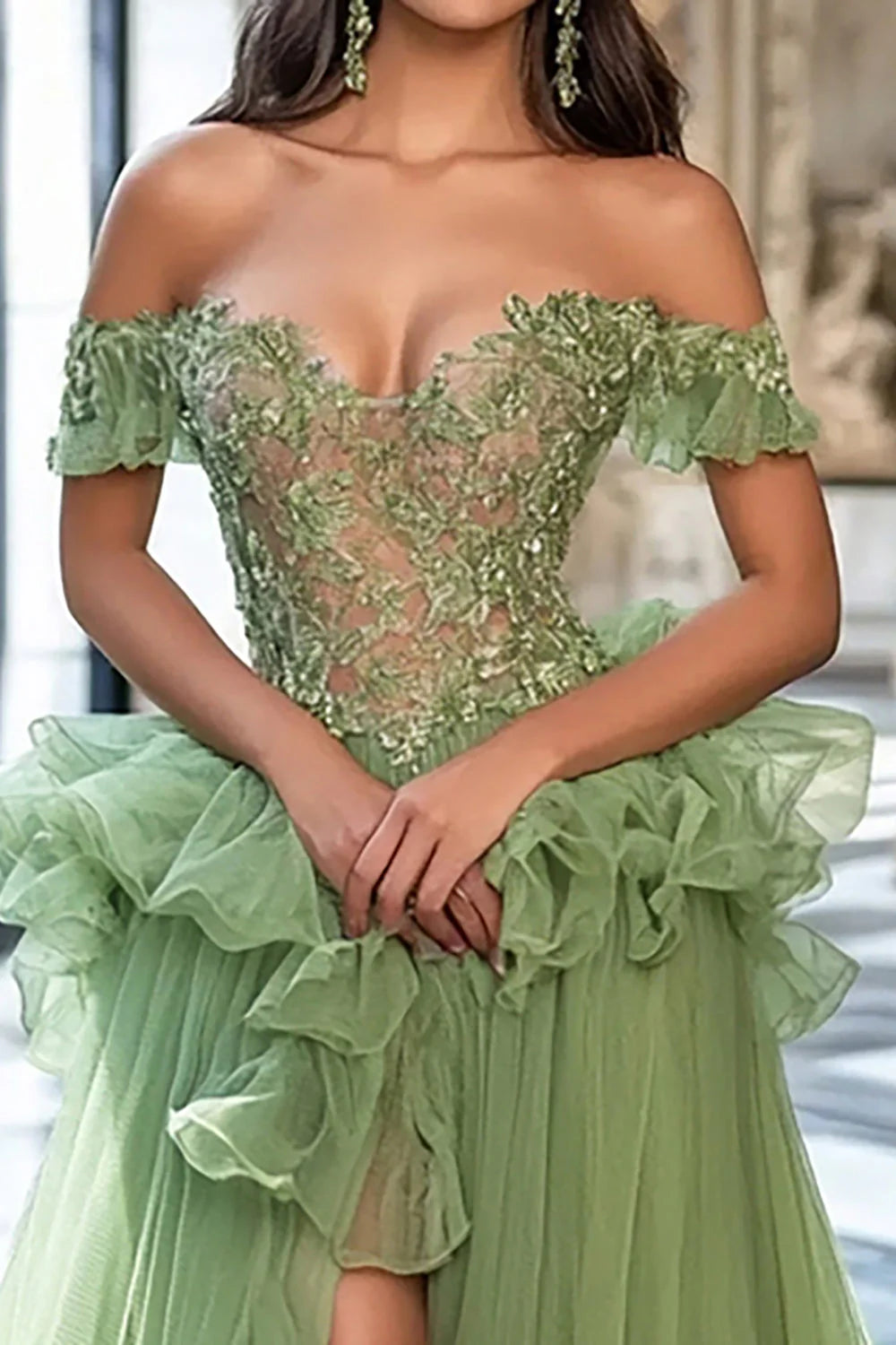 Romantic Court Train Off the Shoulder Long  Tulle Prom Dress with Appliques