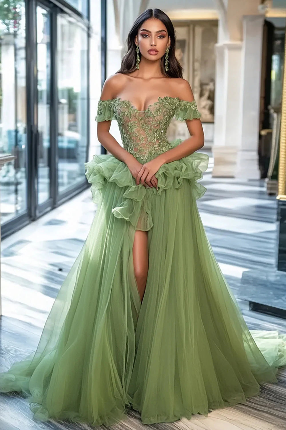 Romantic Court Train Off the Shoulder Long  Tulle Prom Dress with Appliques