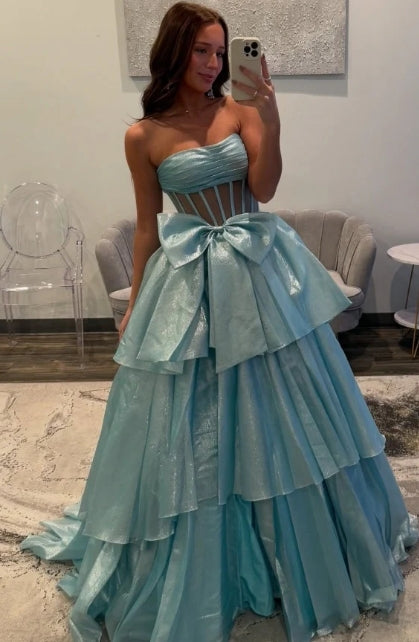 Vintage Strapless Sleeveles Pleated Illsion Bow Knot Tiered Floor Length Light  Formal Evening Dress Prom Party Gown