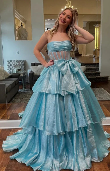 Vintage Strapless Sleeveles Pleated Illsion Bow Knot Tiered Floor Length Light  Formal Evening Dress Prom Party Gown