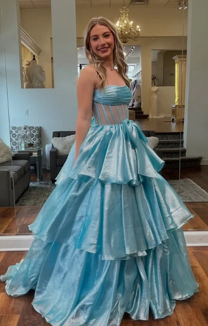 Vintage Strapless Sleeveles Pleated Illsion Bow Knot Tiered Floor Length Light  Formal Evening Dress Prom Party Gown