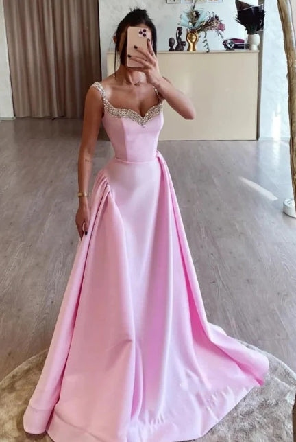 Modern A-Line Strapless Straps Sleeveless Floor Length Prom Dress Evenin Party Gown with Train