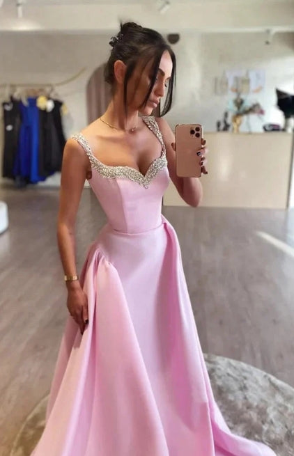 Modern A-Line Strapless Straps Sleeveless Floor Length Prom Dress Evenin Party Gown with Train