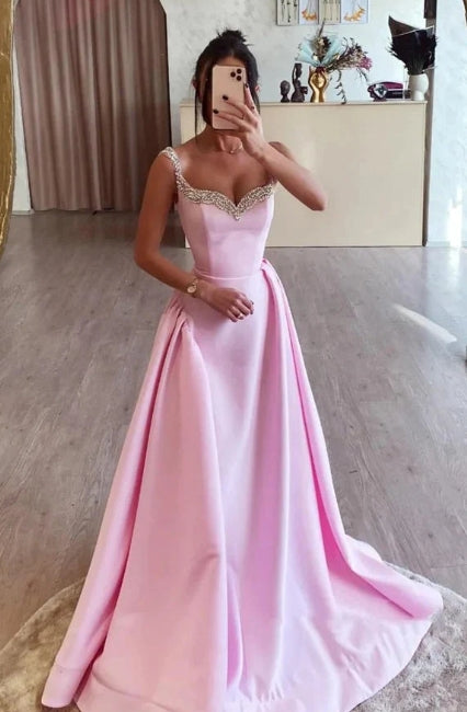 Modern A-Line Strapless Straps Sleeveless Floor Length Prom Dress Evenin Party Gown with Train