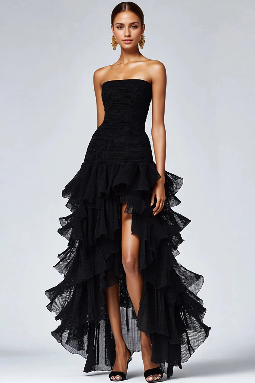 Chic A Line Strapless Tiered Formal Dress with Slit