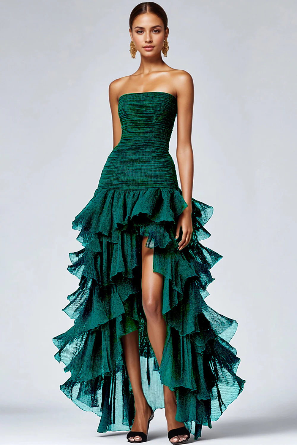Chic A Line Strapless Tiered Formal Dress with Slit