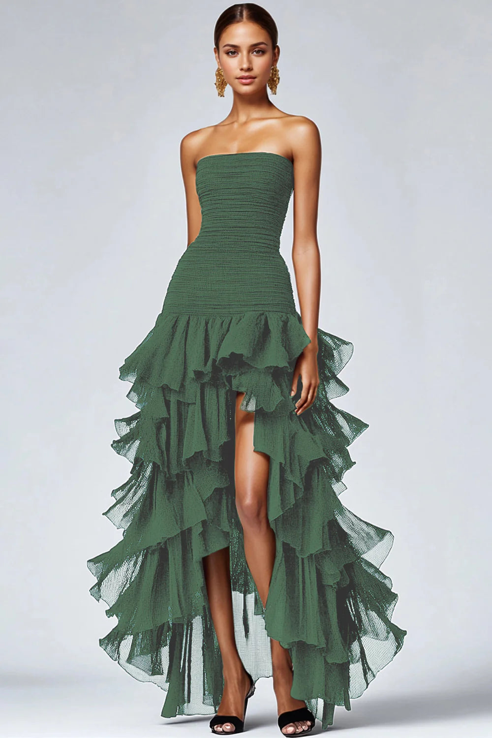 Chic A Line Strapless Tiered Formal Dress with Slit