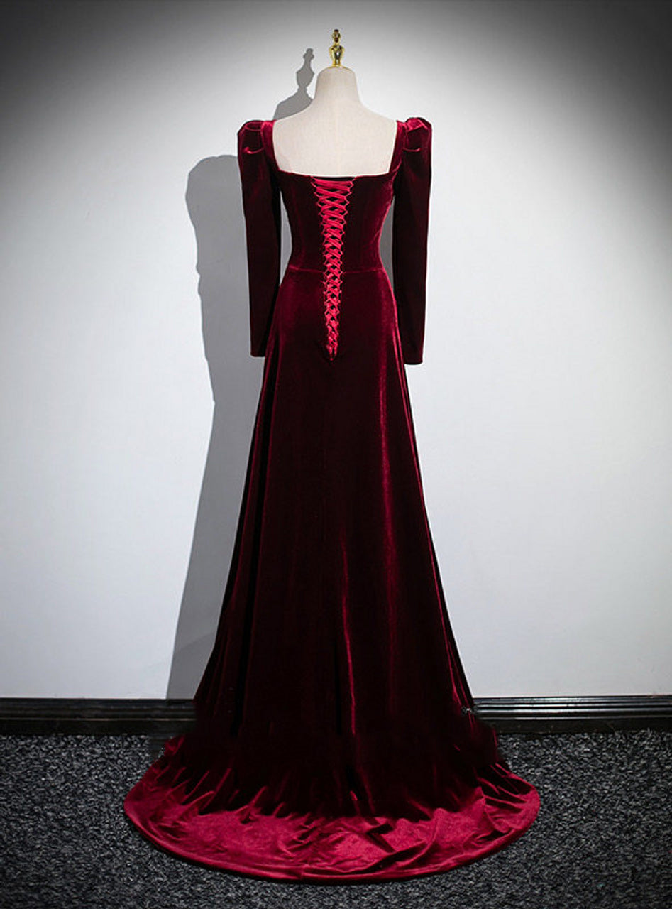 Vintage Velvet Long Sleeve Pleats Square Neck Prom Dress