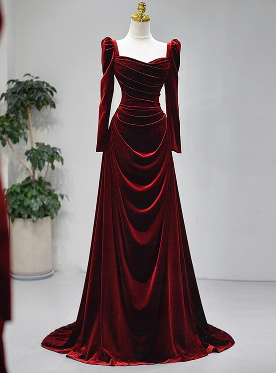 Vintage Velvet Long Sleeve Pleats Square Neck Prom Dress