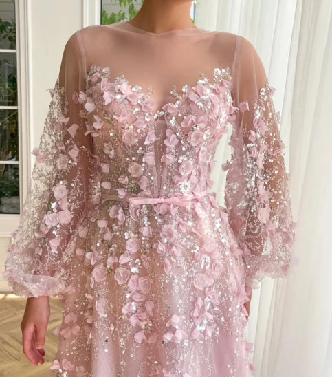 Sweetheart Long-Sleeves Sequined Party Gowns Tulle Floral Prom Dress