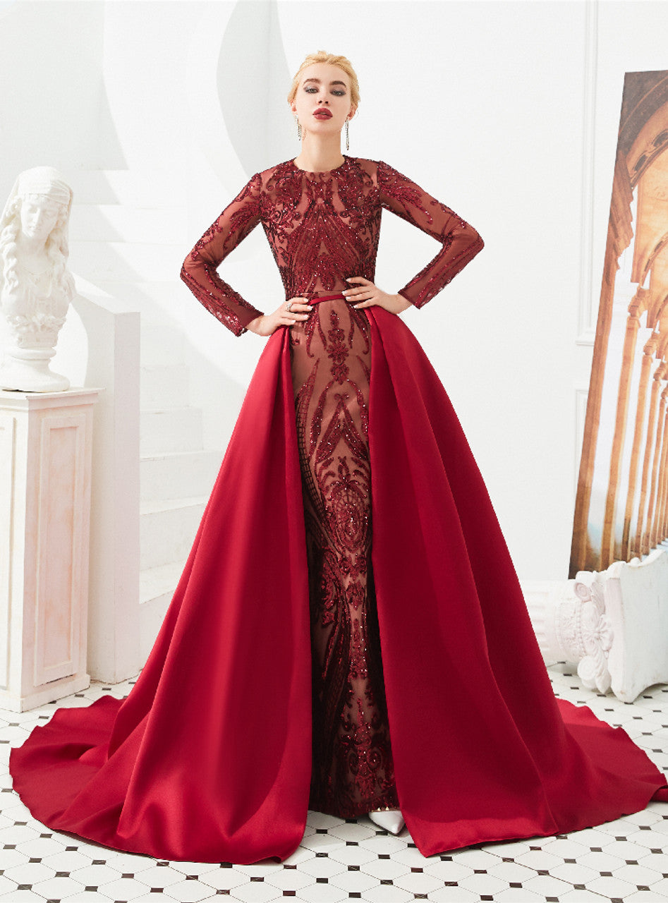 Luxury Mermaid Sequins Long Sleeve Long Prom Dress With Removable Train