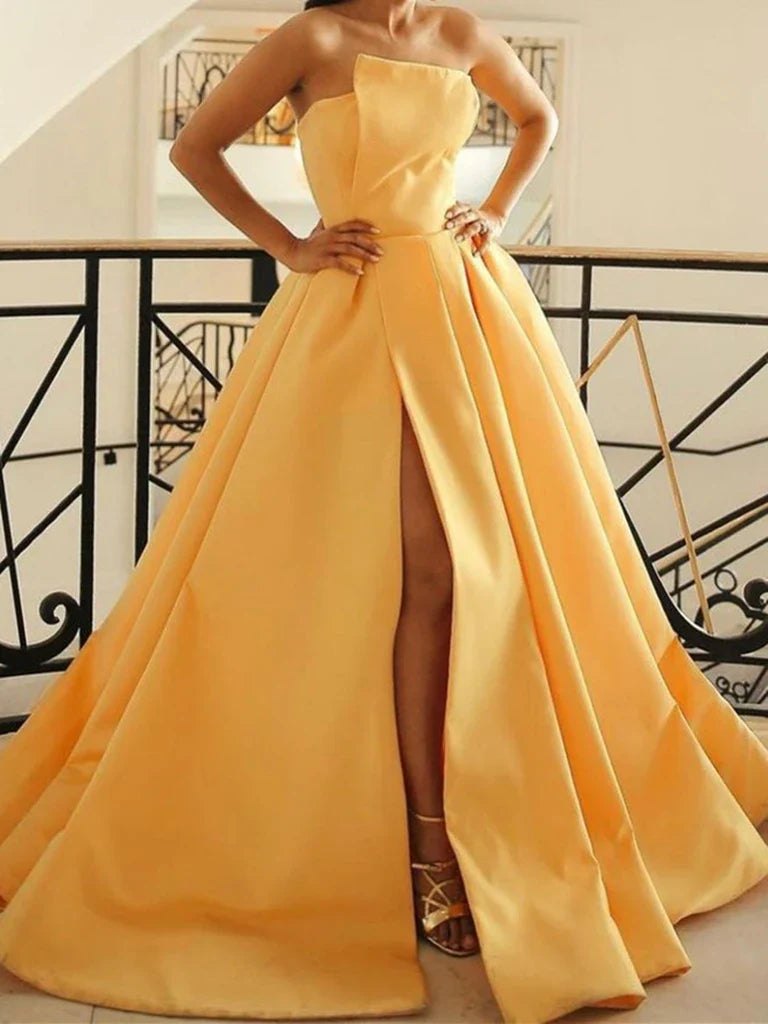 Strapless Satin Long Prom Dresses With Slit