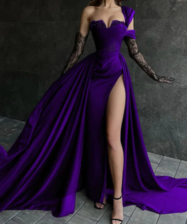 Luxury Strapless Slit Beaded  With Lace Sleeves Prom Dress