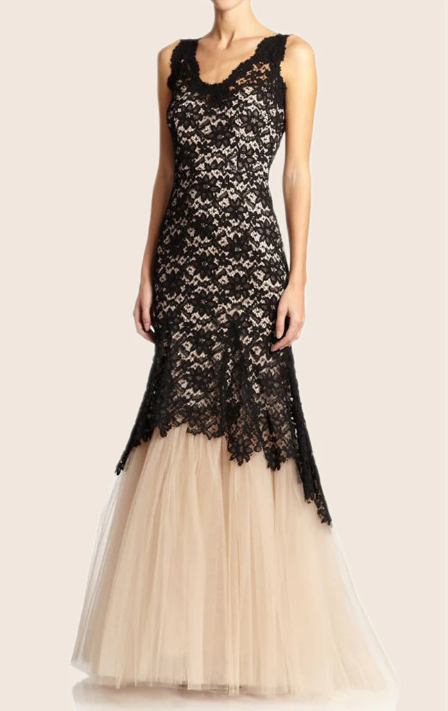 Mermaid Straps V Neck Lace Tulle Two Tone Prom Dress Formal Gown