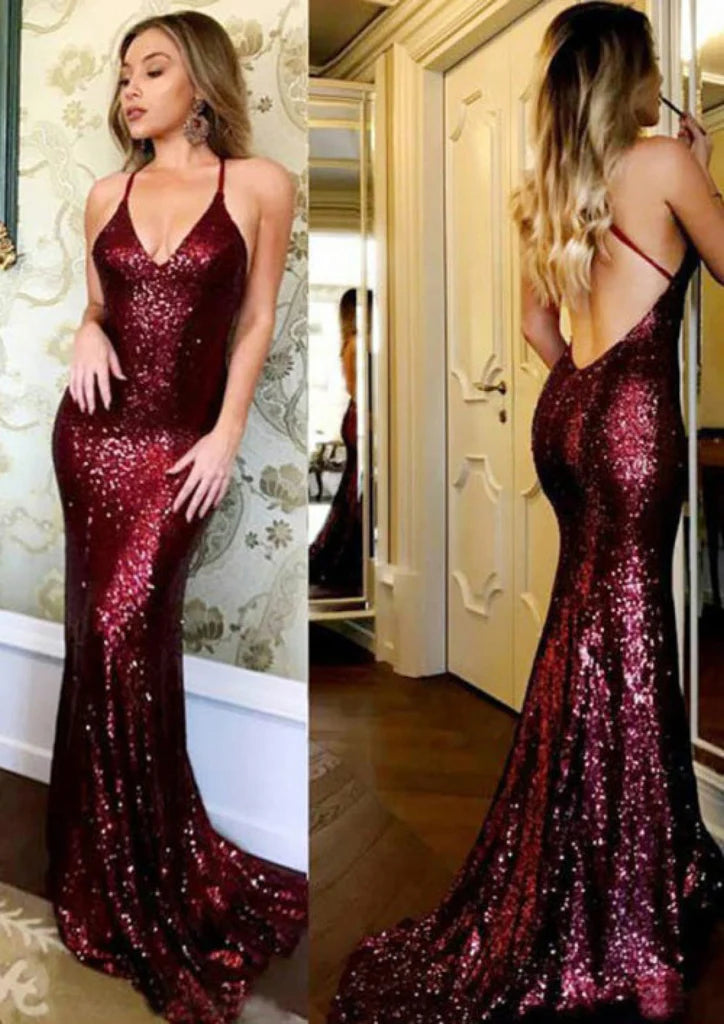 Sexy Glitter Cross Straps Sweep Sequined Prom Dress
