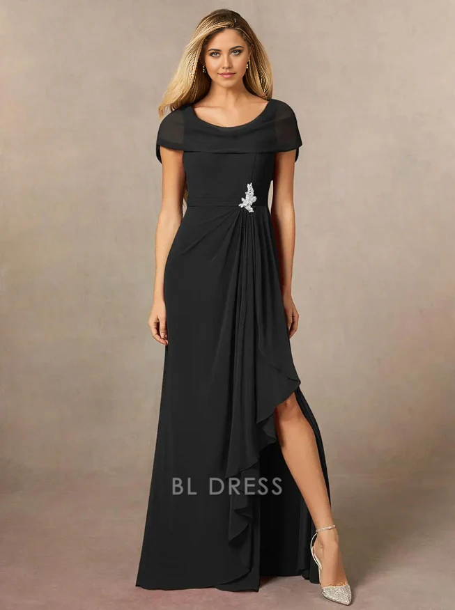 A-Line V-Neck Short Sleeves Pleated Floor-Length Wedding Guest Dresses Chiffon Mother of the Bride Dresse