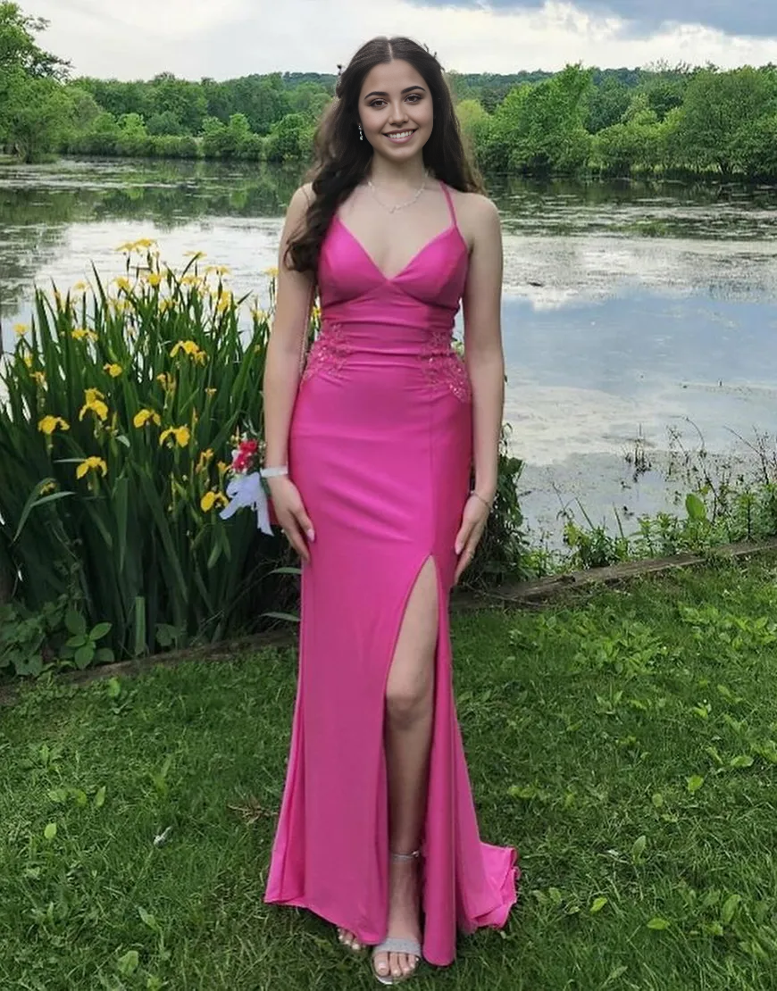 Mermaid Spaghetti Sparkly Straps Appliques Fuchsia Long formal dresses evening gown Prom Dress with Slit