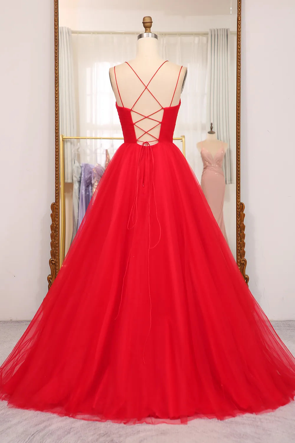 A Line Spaghetti Straps Long Prom Dress with Criss Cross Back