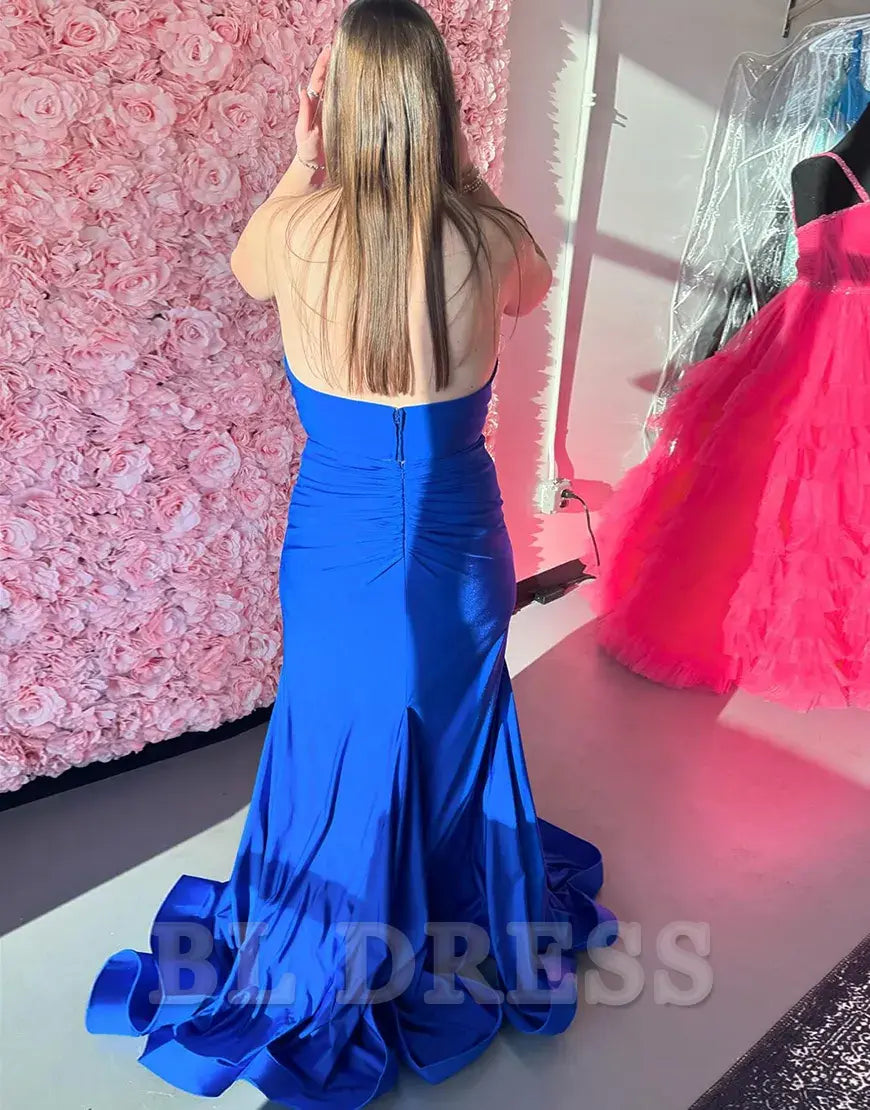 Mermaid Halter V-Neck Satin Royal Blue Long formal dresses Bridesmaid Dresses evening gown Prom Dress with Slit