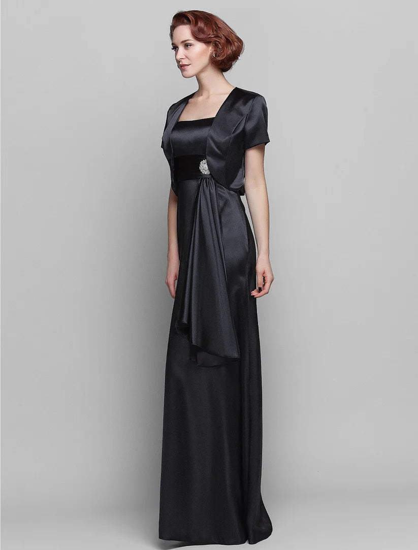 Sheath / Column Mother of the Bride Dress Wrap Included Spaghetti Strap Floor Length Stretch Satin Short Sleeve with Ruched Tassel Crystal Brooch