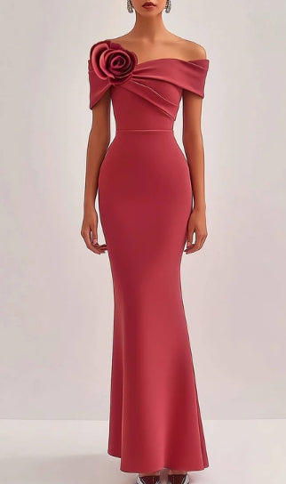 Modern Formal Evening Dress One-Shoulder Flower Bodycon Maxi Dress