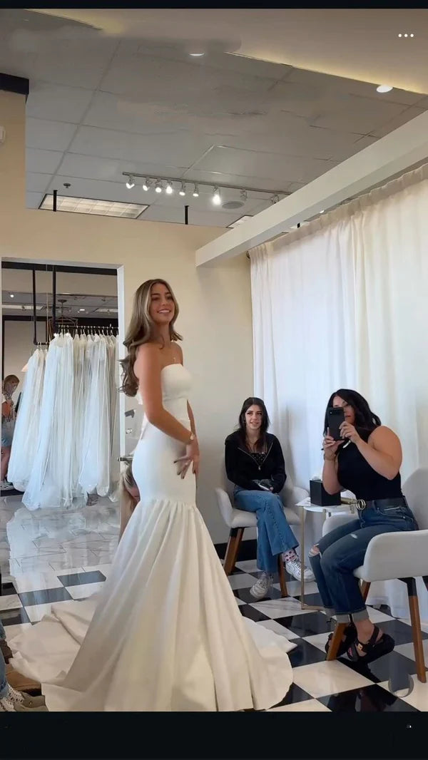 Elegant Wedding Dress Mermaid Strapless White Satin Long Wedding Dresses Bridal Gowns