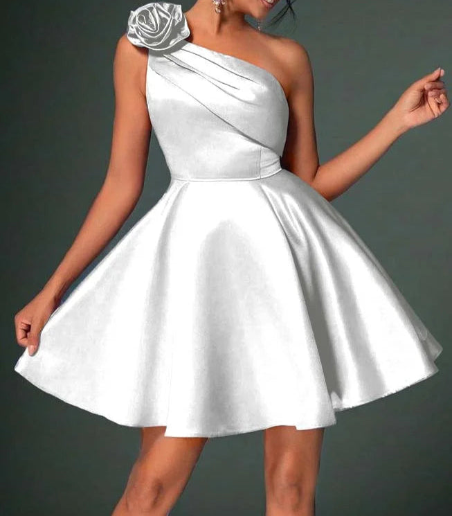 Schickes, charmantes Satin-Heimkehrkleid mit einer Schulter, gerüscht, ärmellos, Blumenmuster