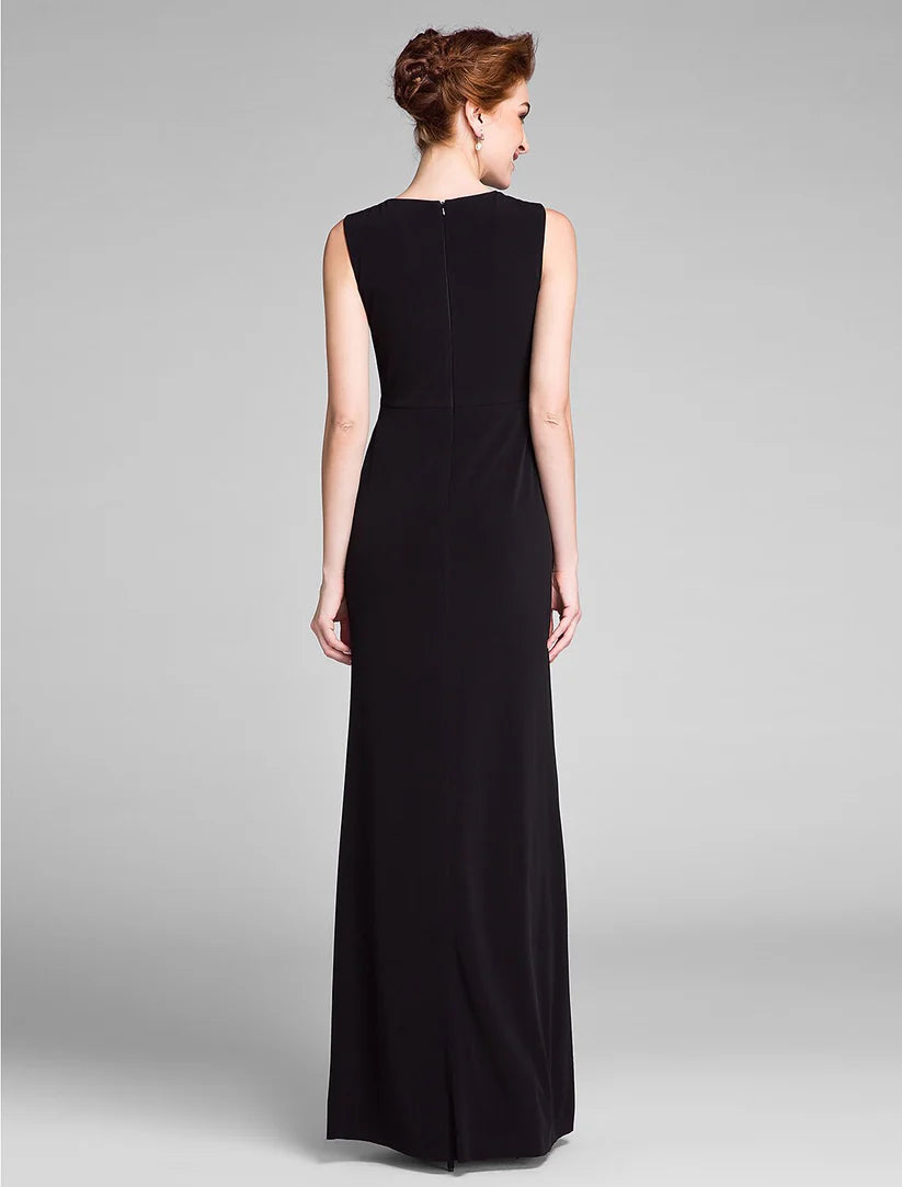 Mermaid / Trumpet Mother of the Bride Dress Little Black Dress Jewel Neck Floor Length Chiffon Sleeveless No with Crystals Side Draping