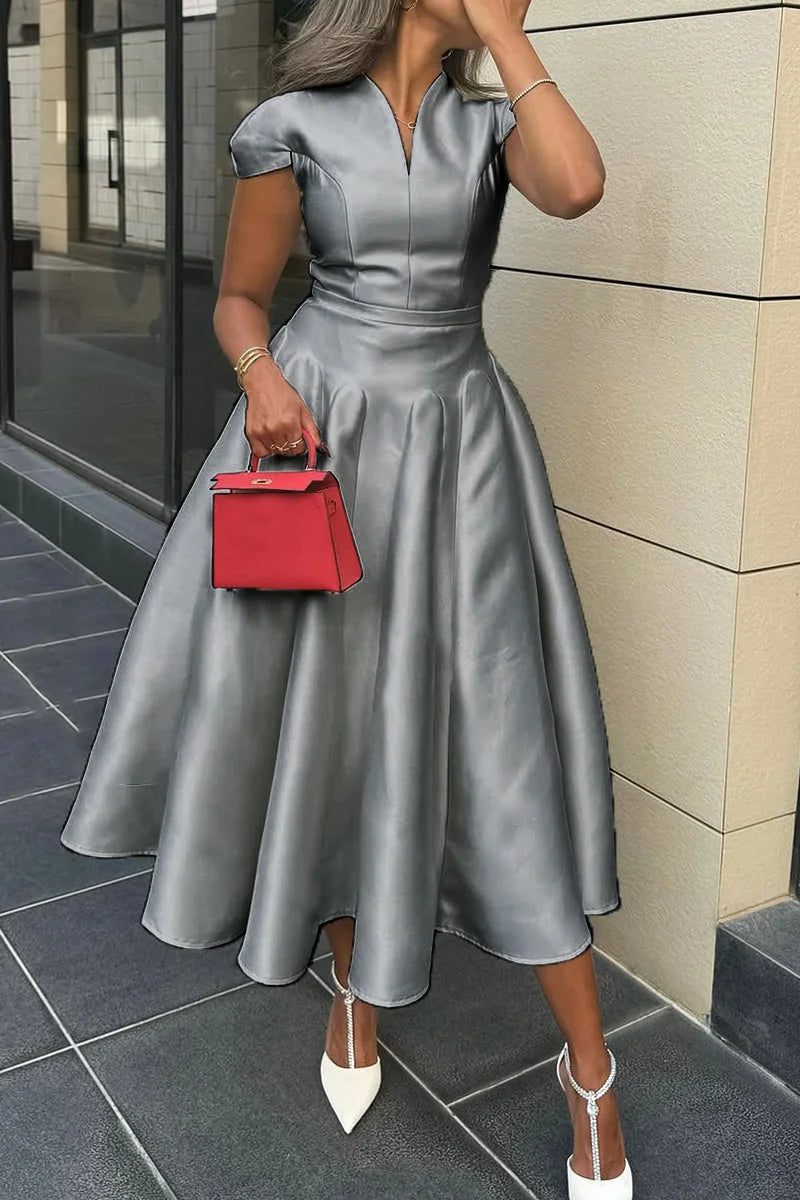 Elegant V-neck Waisted A-line Dress Evening Dress