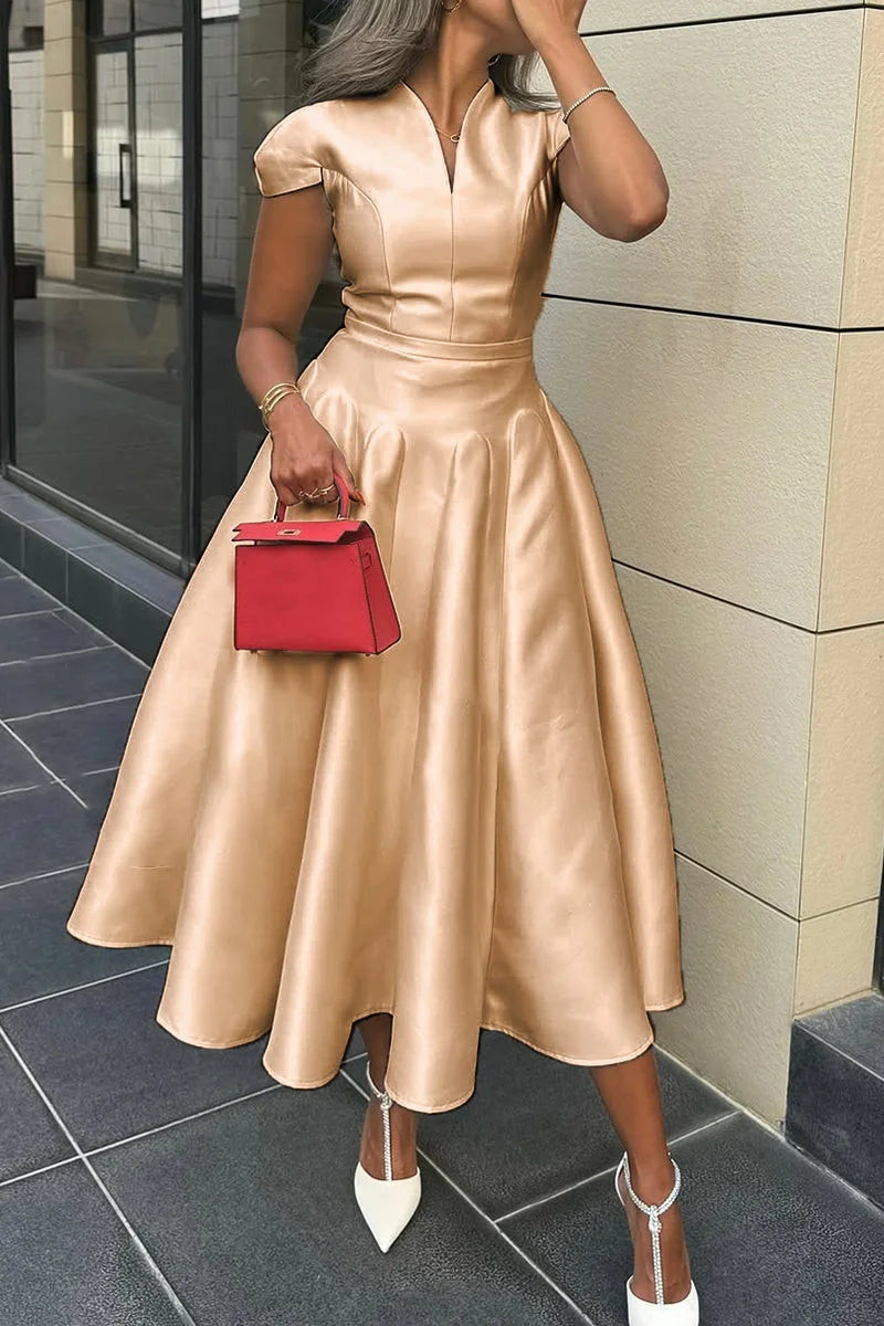 Elegant V-neck Waisted A-line Dress Evening Dress