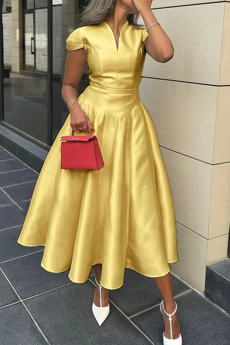 Elegant V-neck Waisted A-line Dress Evening Dress