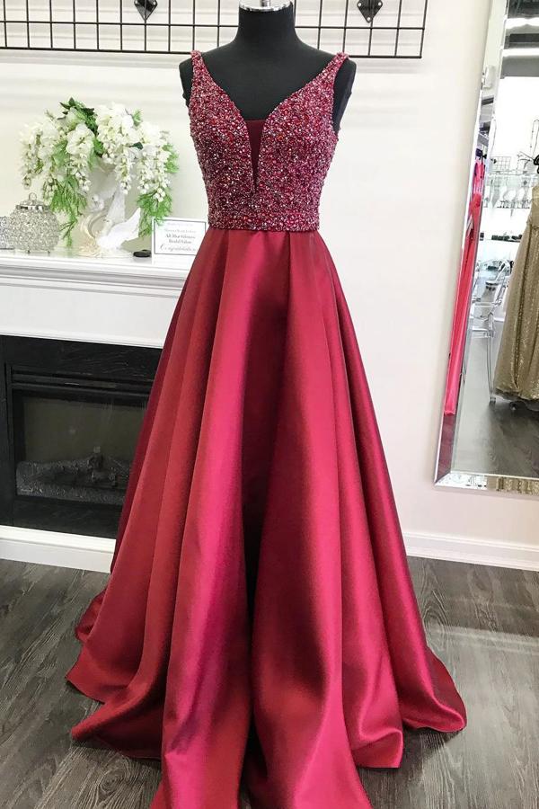 A-line V-neck Satin Beaded Bodice Long Prom Dresses Evening Dress