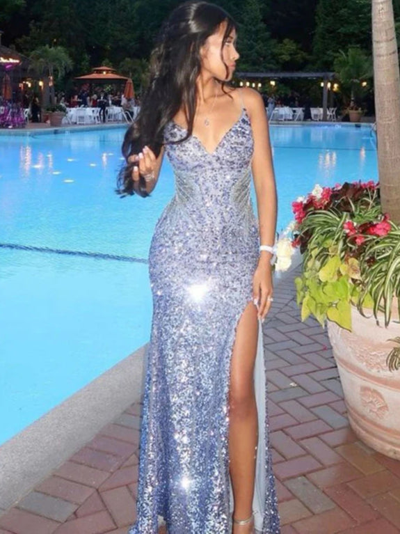 Sparkly V-neck Spaghetti Strap Side Slit Evening Dress Prom Dress