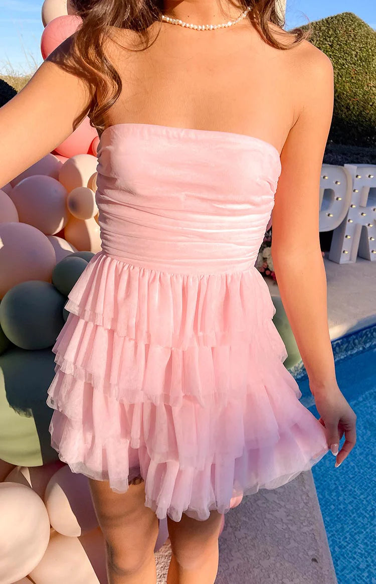 Sexy Pink tube top Ruched Mini Dress Homecoming Dresses