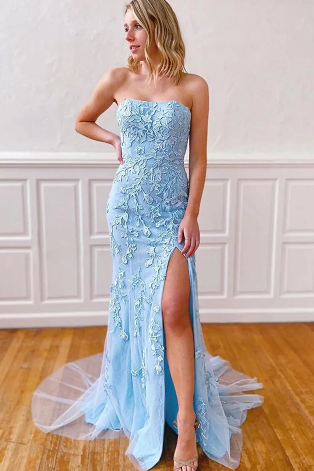 Strapless Lace Long Prom Dress with Slit