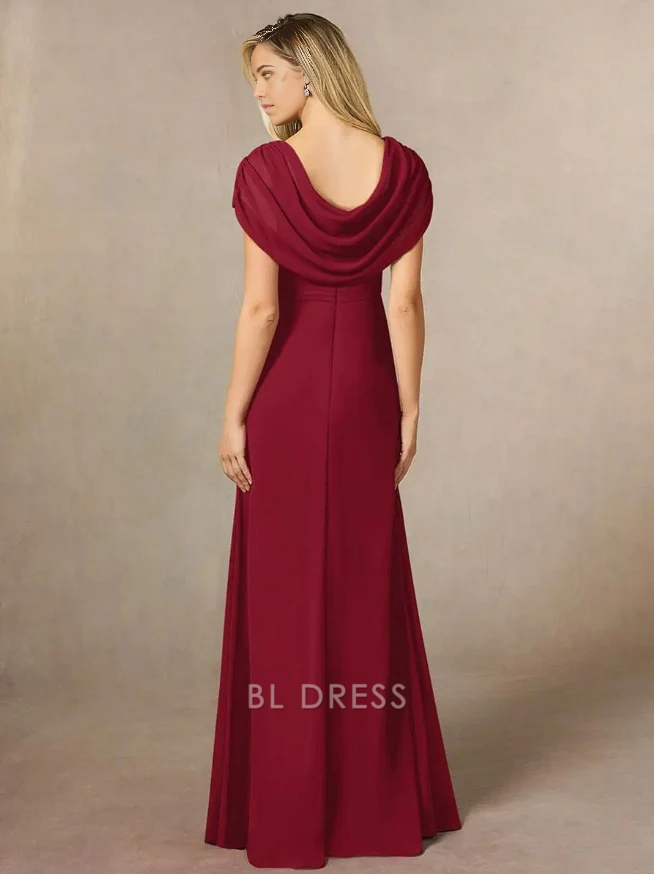 A-Line V-Neck Short Sleeves Pleated Floor-Length Wedding Guest Dresses Chiffon Mother of the Bride Dresse