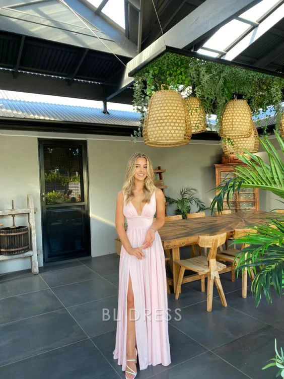 A-line V-Neck Chiffon Open Back Pink formal dresses Bridesmaid Dresses evening gown Prom Dress