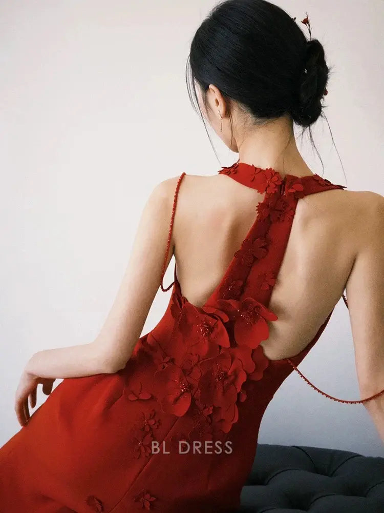 Mermaid Elegant 3d Flowers Red formal dresses Bridesmaid Dresses evening gown Prom Dress