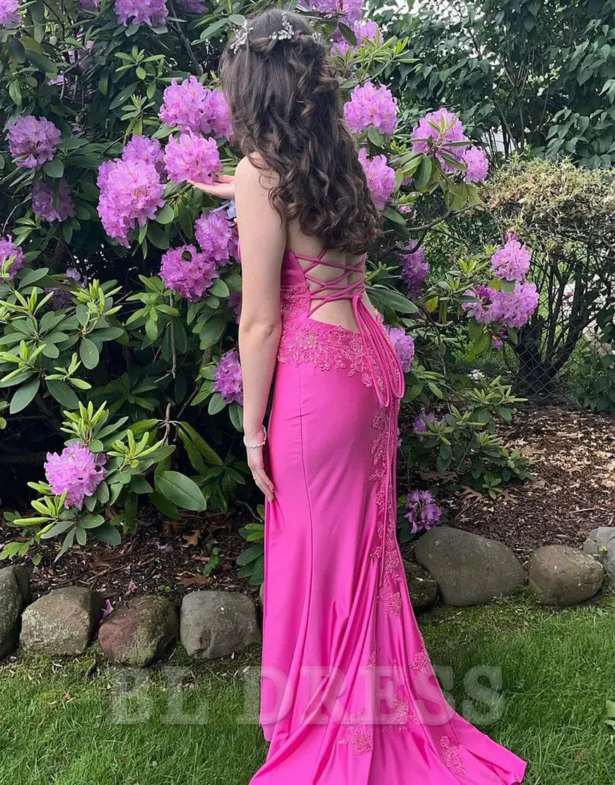 Mermaid Spaghetti Sparkly Straps Appliques Fuchsia Long formal dresses evening gown Prom Dress with Slit