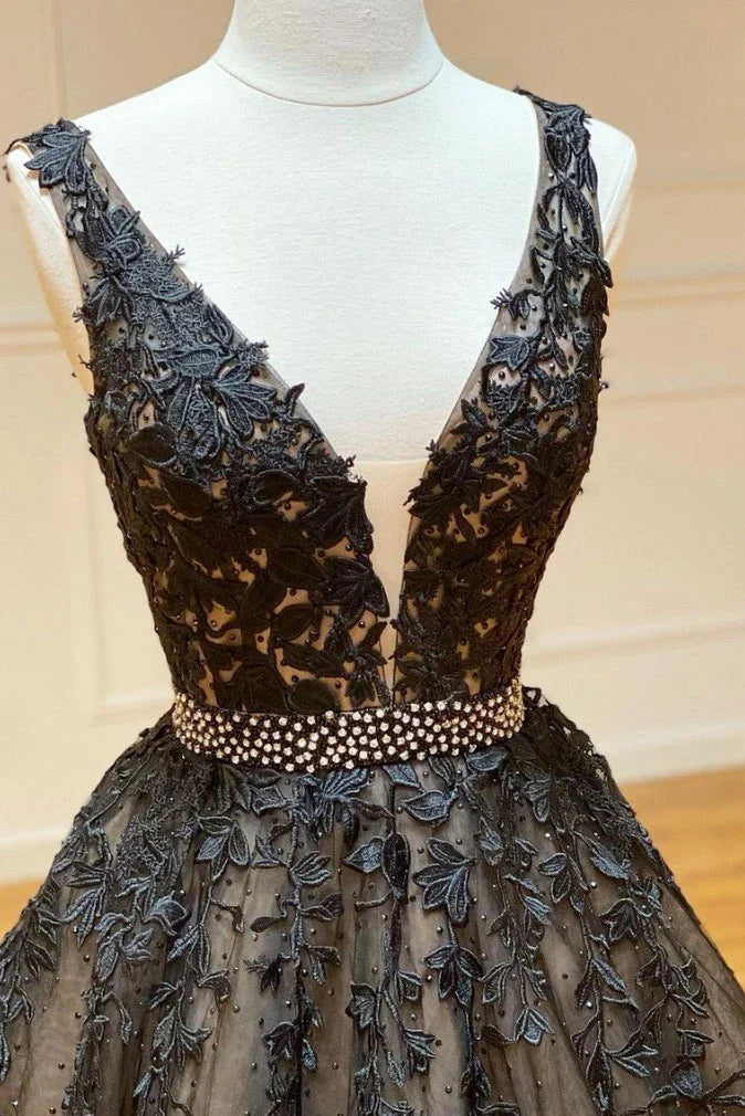 V Neck Lace Beads Tulle Long Prom Dresses