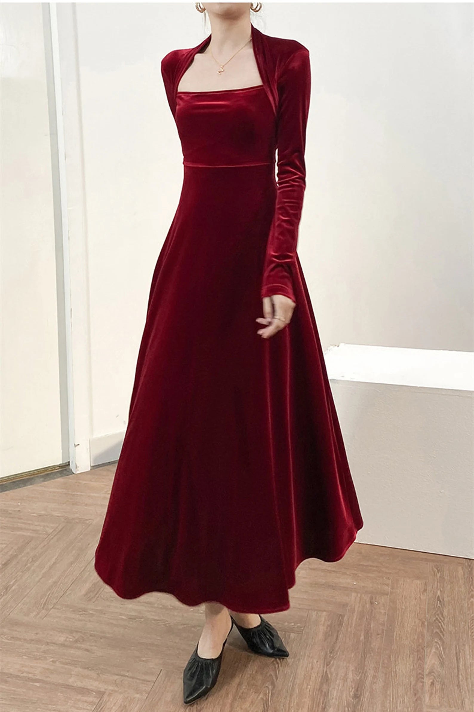A-line Velvet Long Sleeve Bridesmaid Dress Formal Dresses for Wedding Guest Cocktail Dress Mother of the Bride Dresses