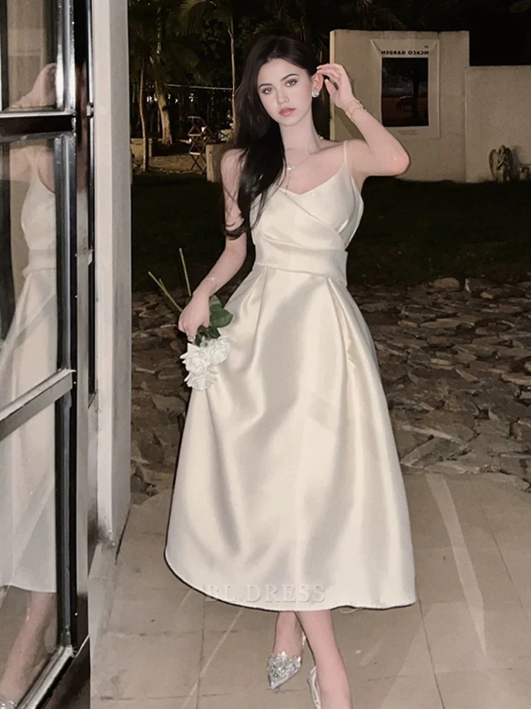 A Line Spaghetti Straps Satin Ivory Sleeveless Vintage formal dresses Bridesmaid Dresses evening gown Prom Dress