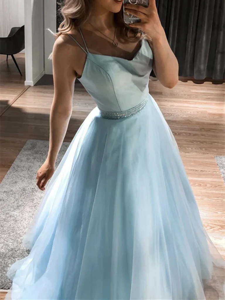 A Line Tulle Satin Long Prom Dresses