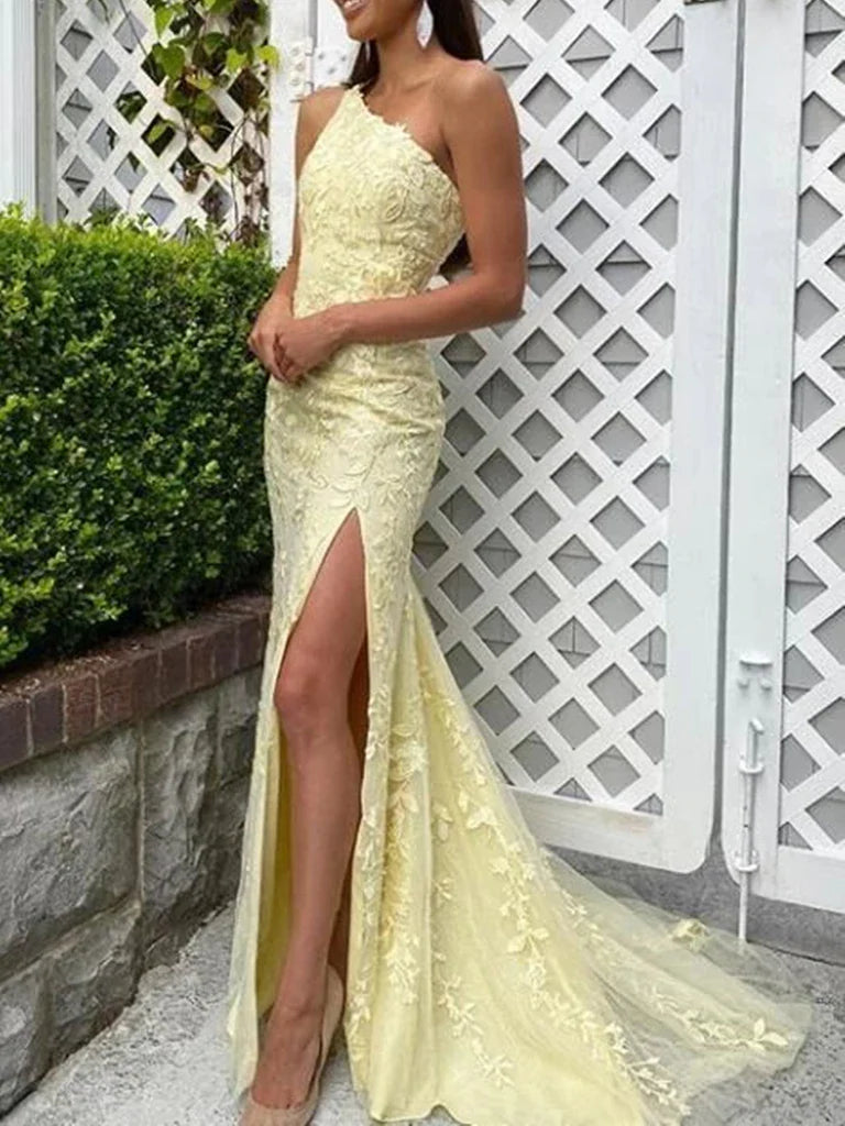 Mermaid One Shoulder Lace Long Prom Dresses with Slit