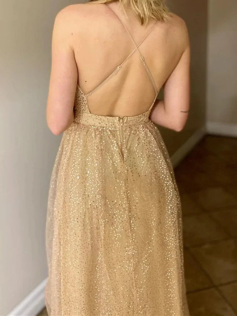 A Line V Neck  Lace Long Prom Dresses