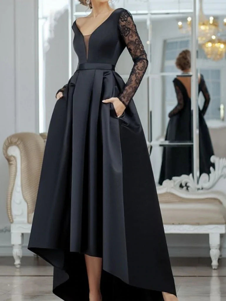 V Neck Long Sleeves Lace Long Prom Dresses