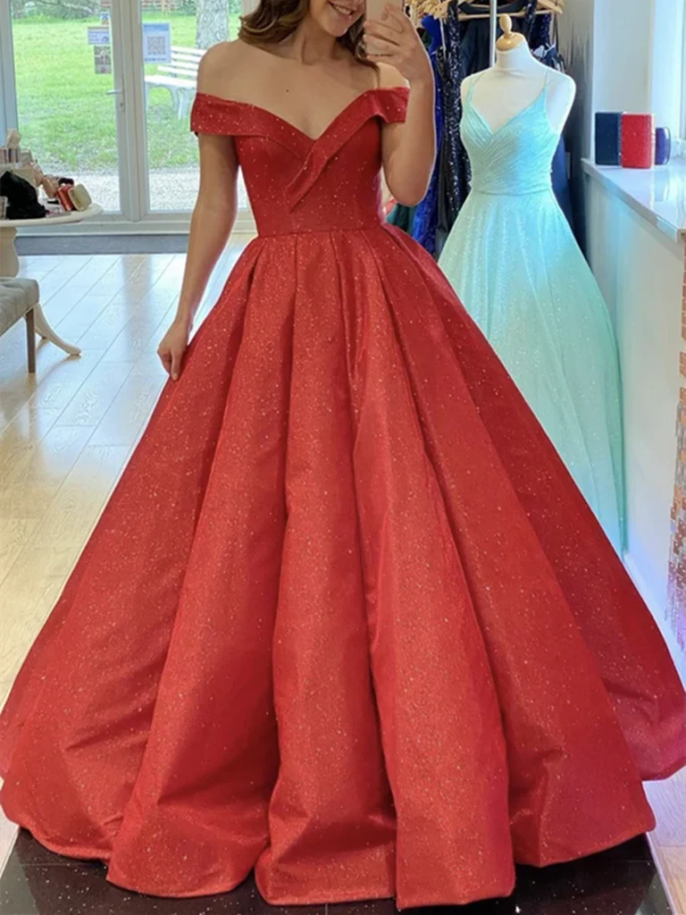 A Line Off Shoulder Satin Long Prom Dresses