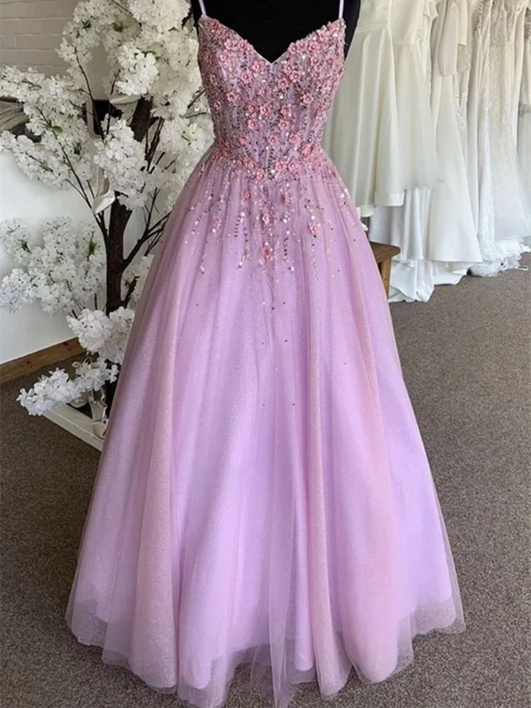 A-line V Neck Lace Applique Backless Tulle Long Prom Dresses